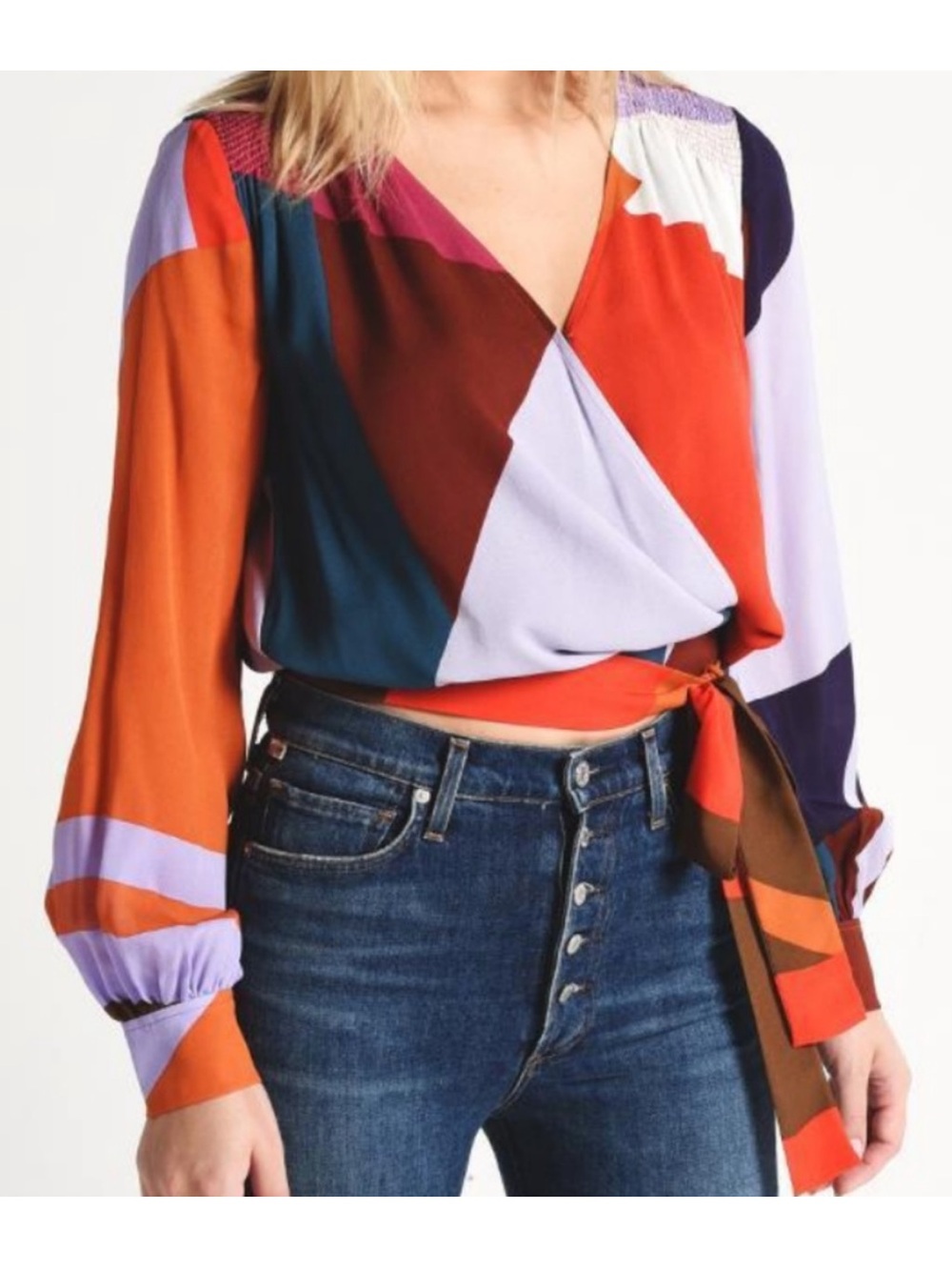 Tanya Taylor Geometric Wrap Tie-Front Blouse - Multicolor